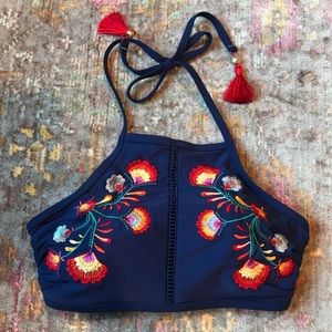 Time and Tru Navy & Red Embroidered Bikini Top